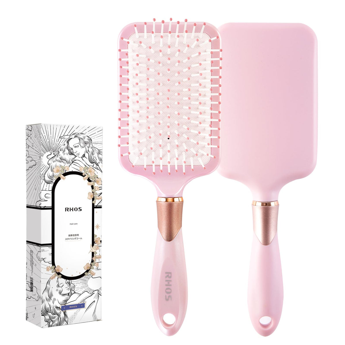 RHOS paddle brush front view showing pink paddle and bristles for smooth detangling