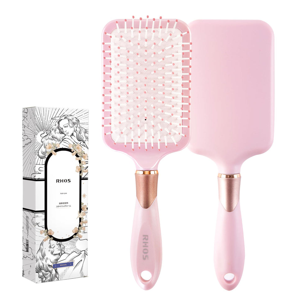 RHOS paddle brush front view showing pink paddle and bristles for smooth detangling