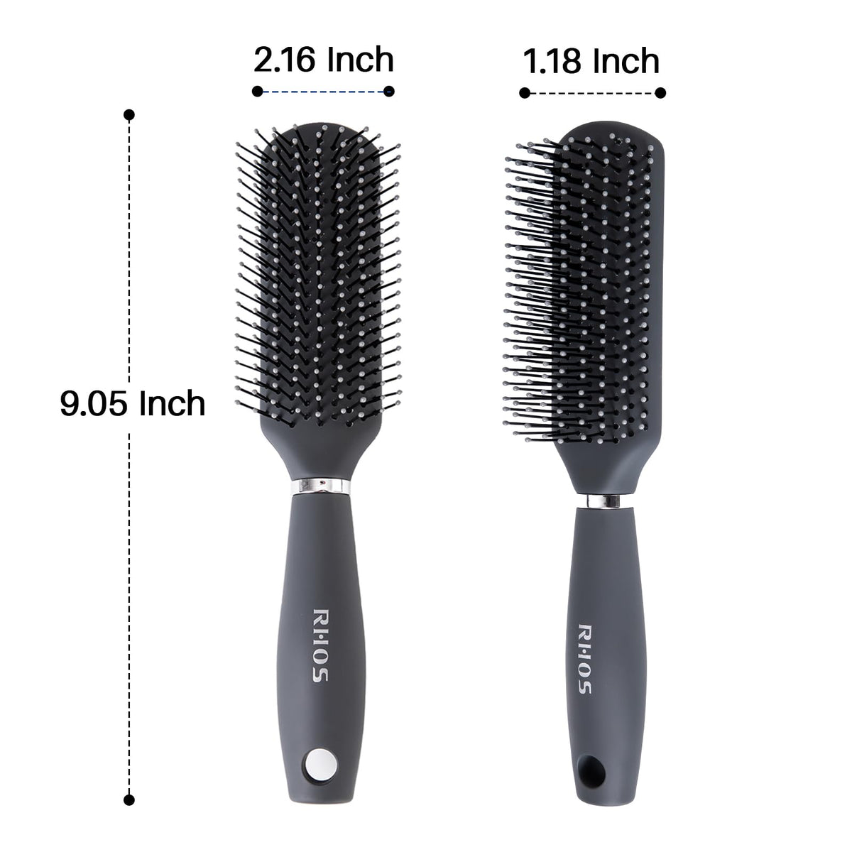 RHOS brush massaging scalp with rounded bristle tips promoting comfort