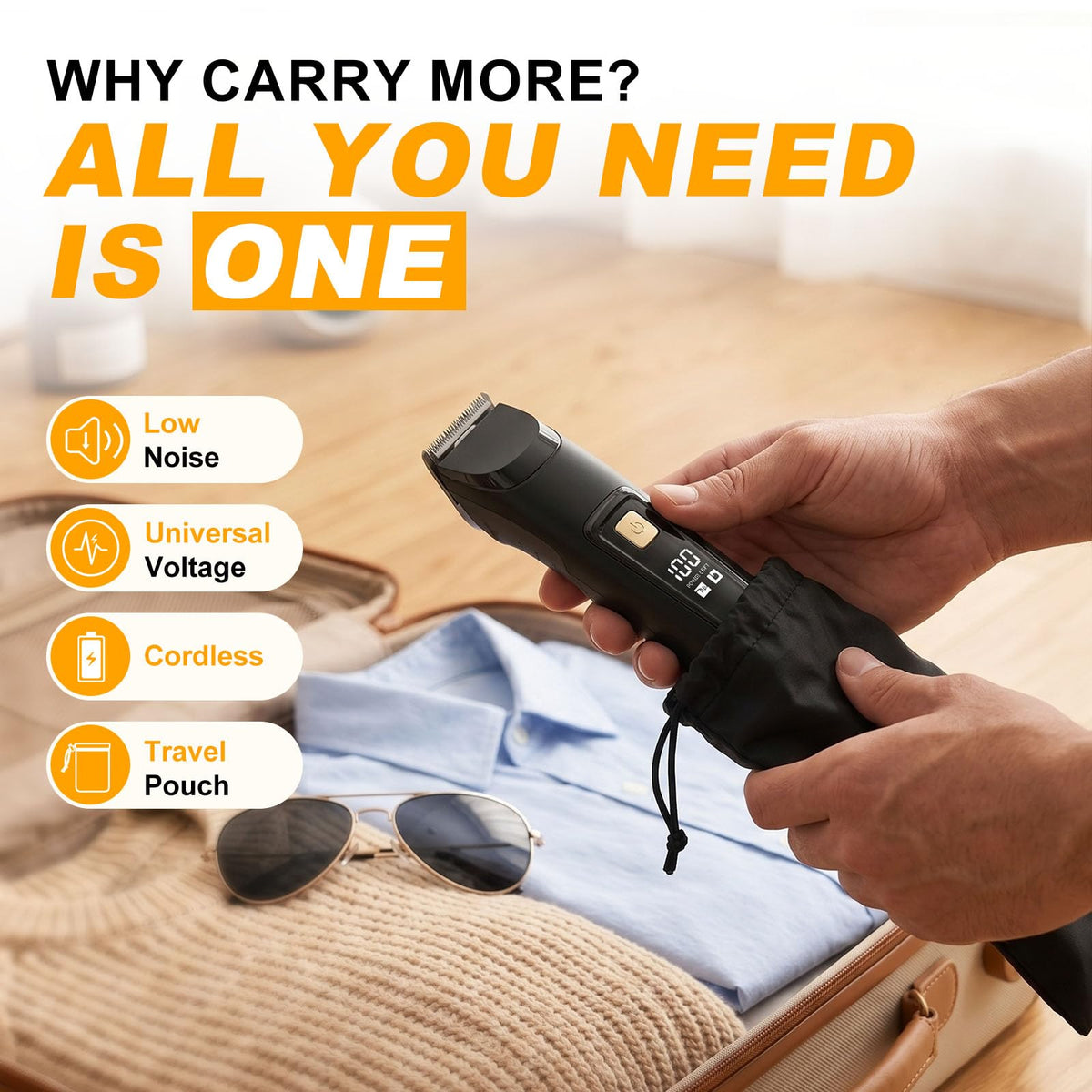 RICAF trimmer on bathroom vanity with grooming accessories for everyday routine