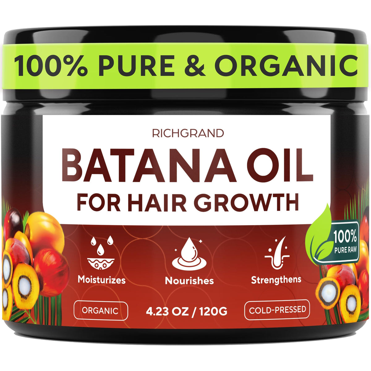 RICHGRAND front jar shot showing pure Batana Oil packaging and clarity benefit