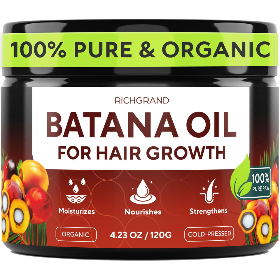 RICHGRAND front jar shot showing pure Batana Oil packaging and clarity benefit