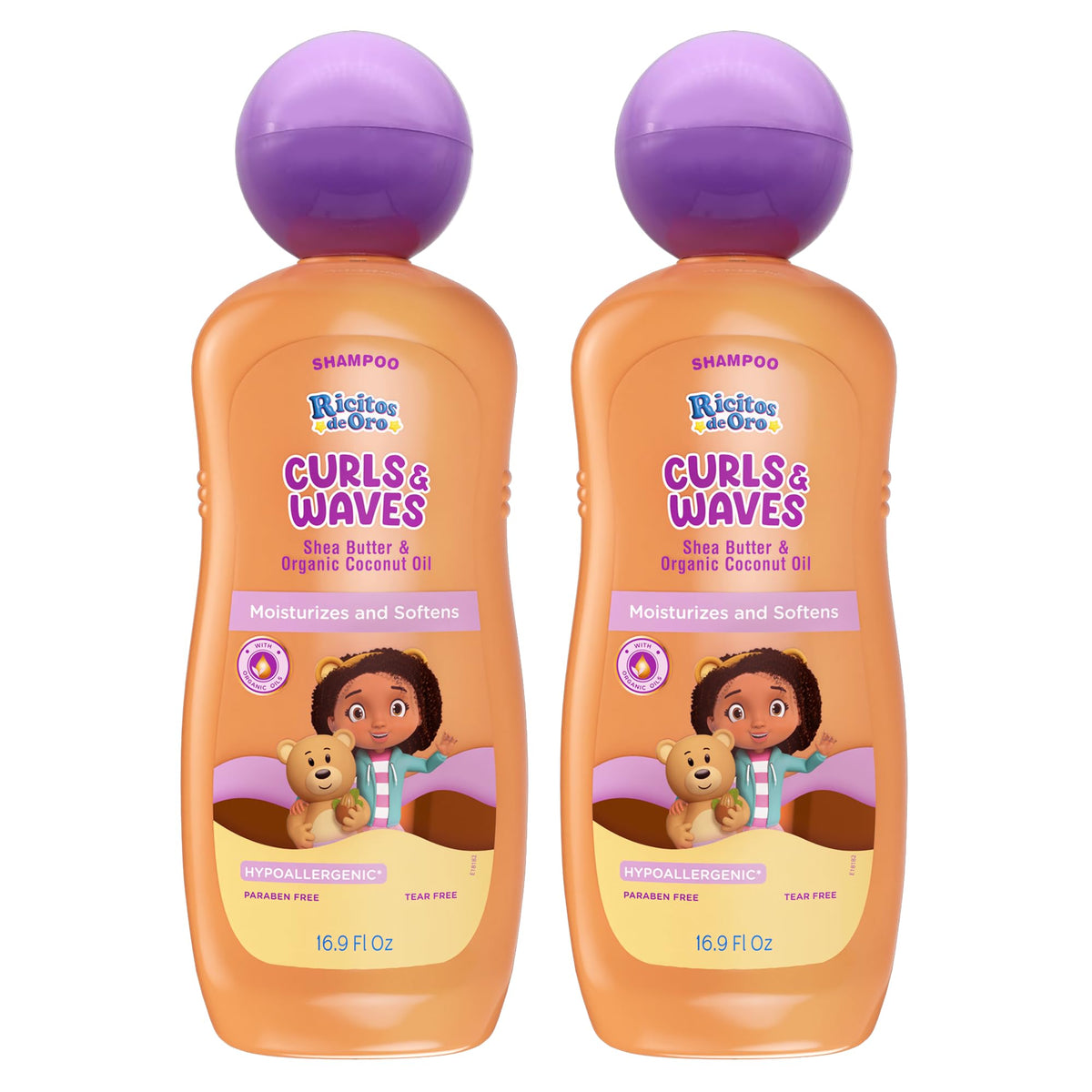 Ricitos de Oro front packaging showing curls-enhancing benefits and child-safe claims