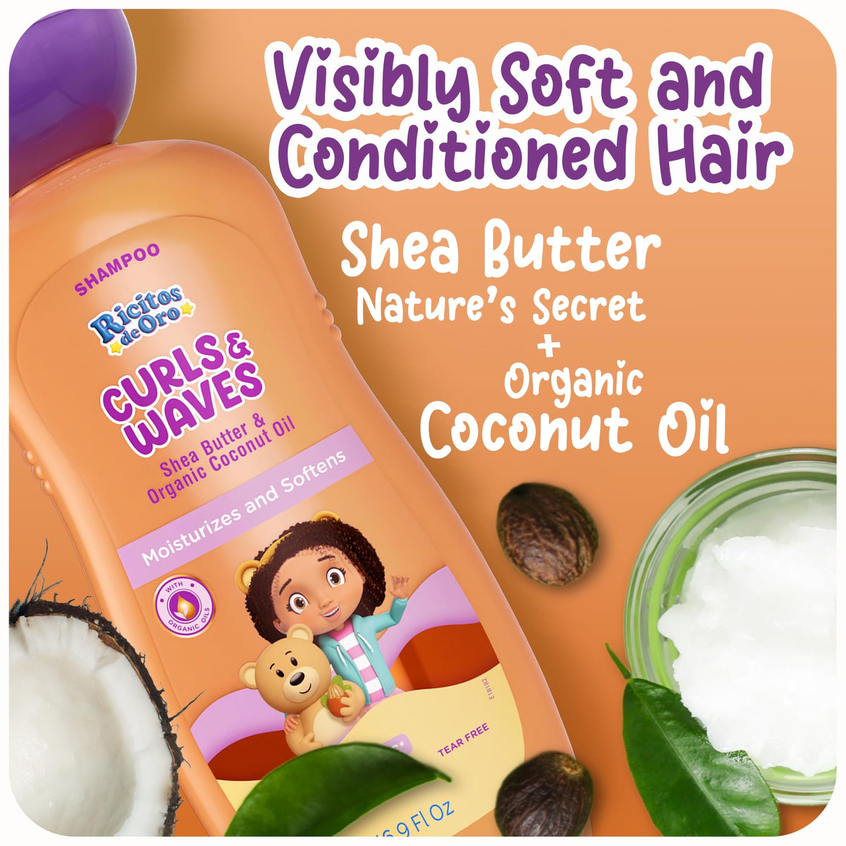 Ricitos de Oro shea butter and coconut oil ingredients supporting moisturized, defined curls