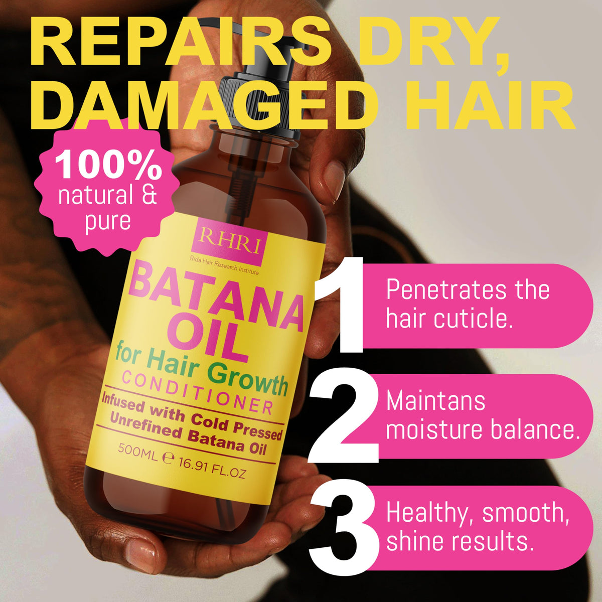Rida Hair Research Institute product label close-up with ingredient callouts