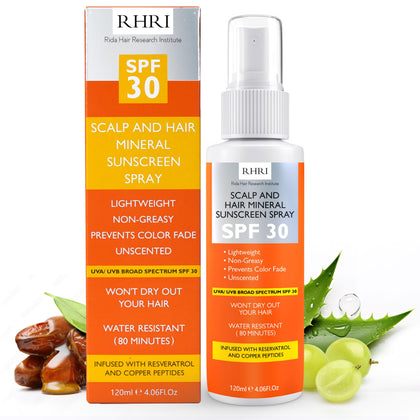 Rida Hair Research Institute front bottle view showing SPF 30 protection and compact design