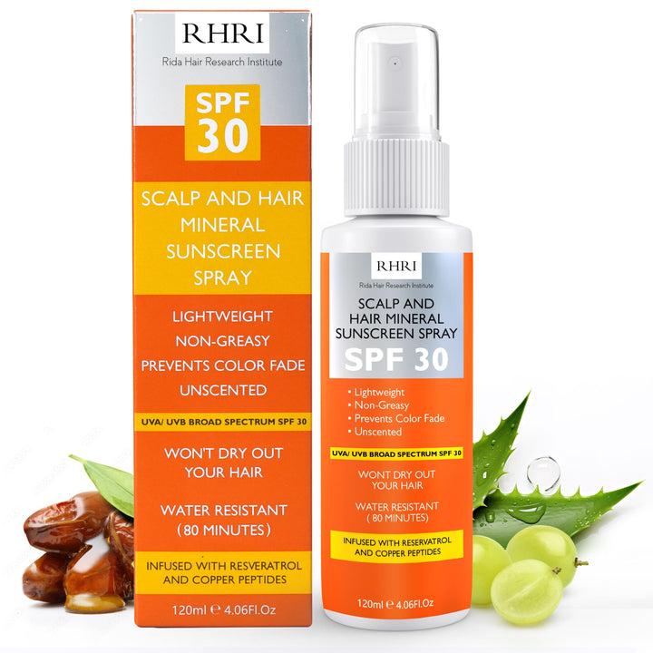 Rida Hair Research Institute front bottle view showing SPF 30 protection and compact design