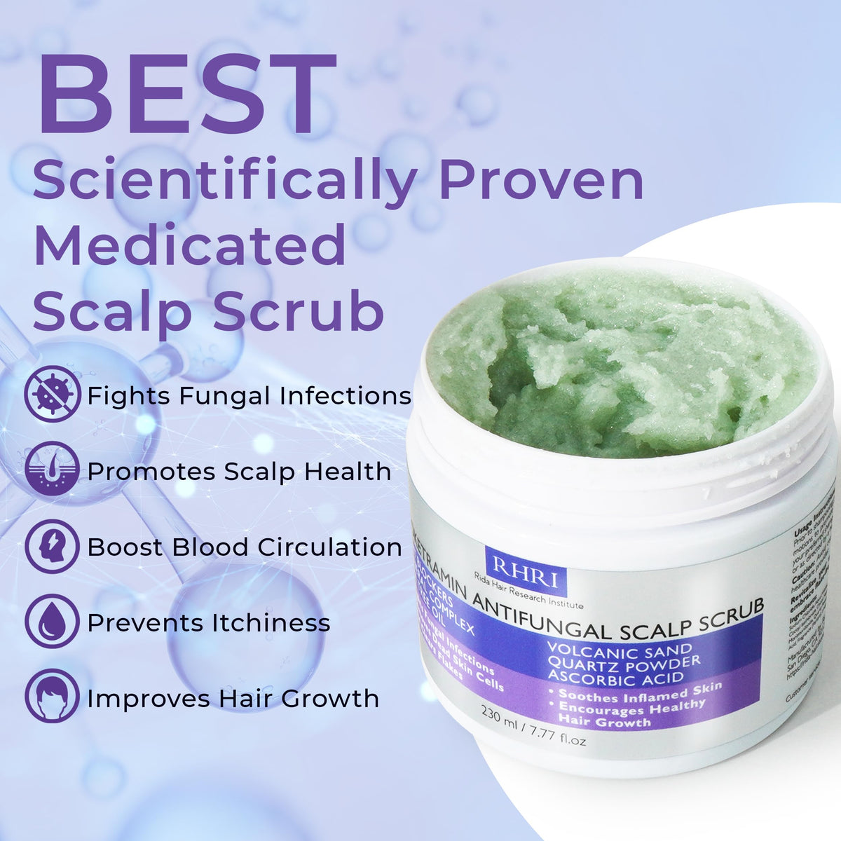 Rida Hair Research Institute scrub texture closeup showing exfoliating granules and consistency