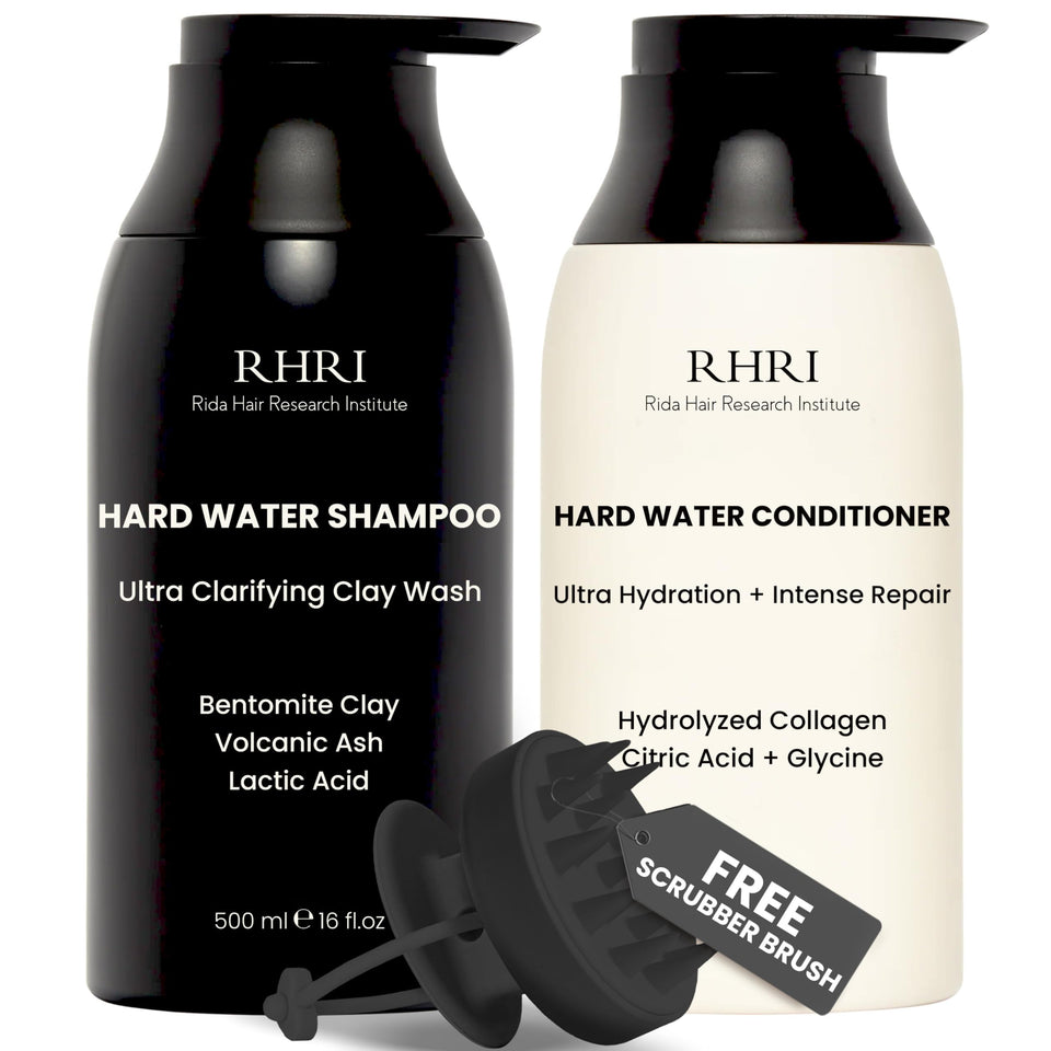 Rida Hair Research Institute front packaging showing both bottles and brush for full routine