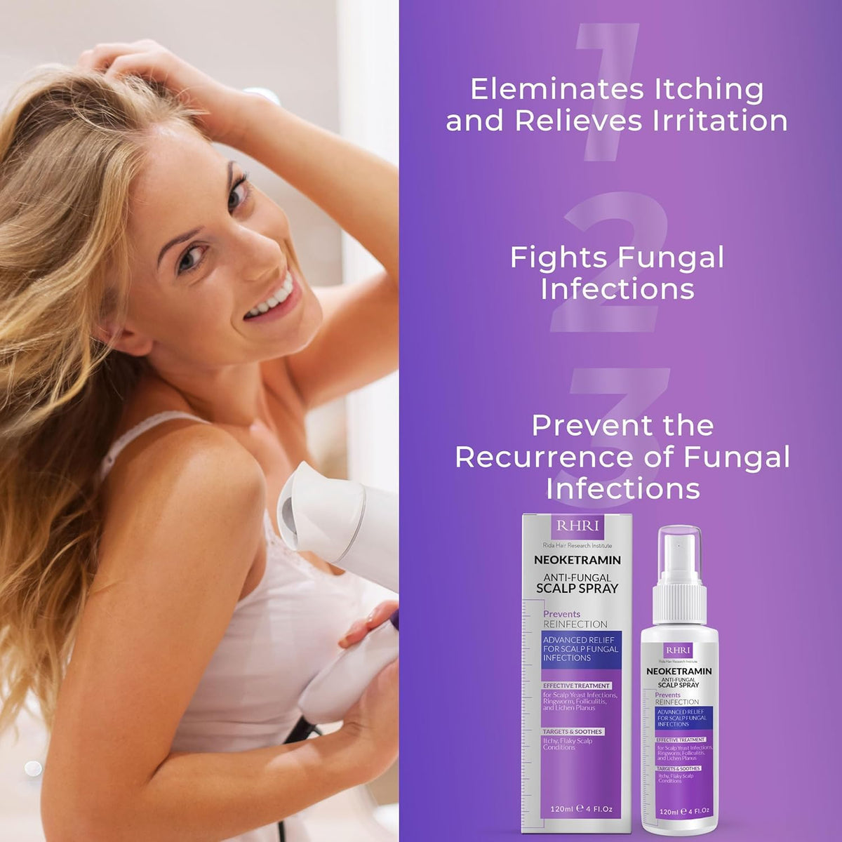 Rida Hair Research Institute Neoketramin on bathroom shelf suggesting daily scalp care routine