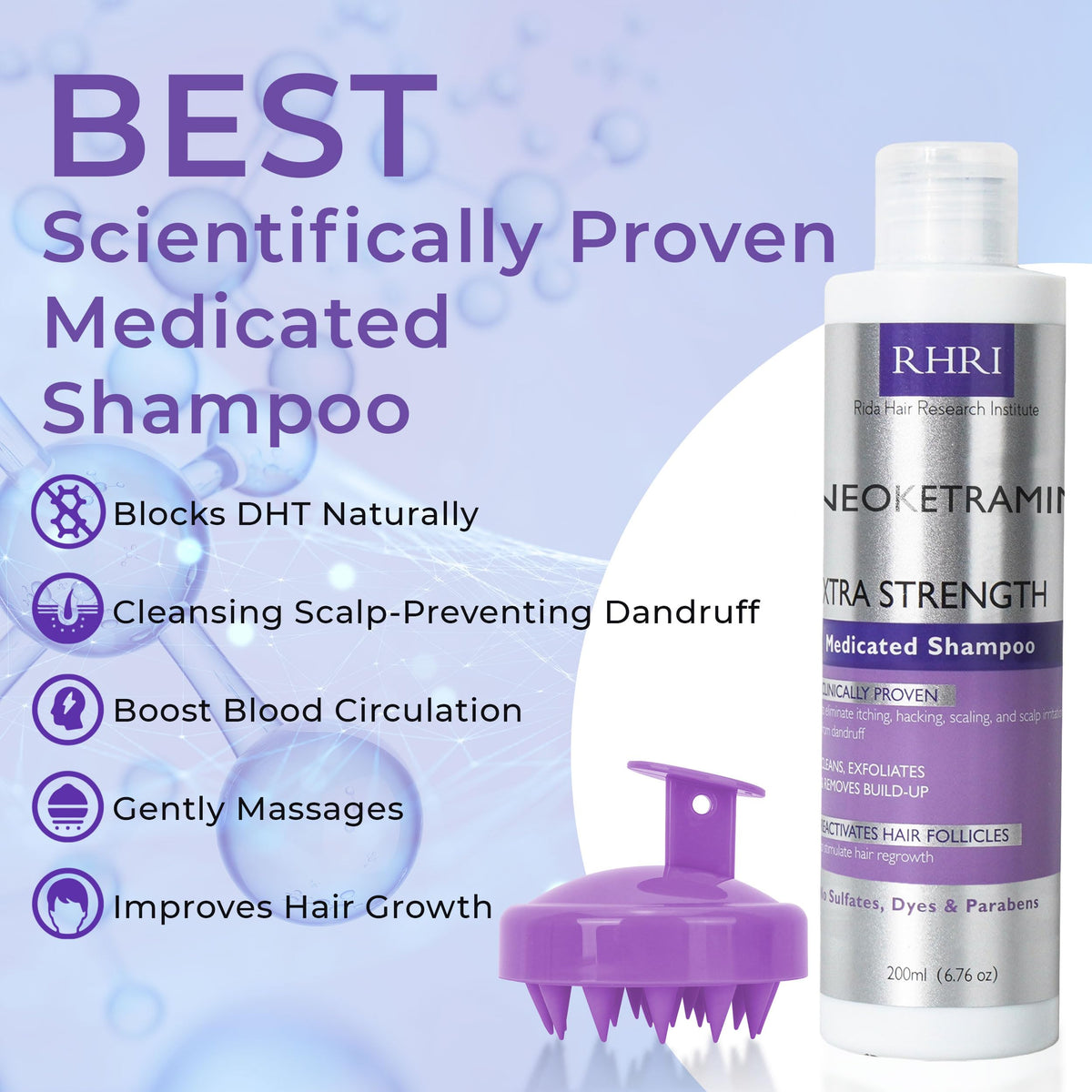 Rida Hair Research Institute pump and label close-up highlighting active ingredients