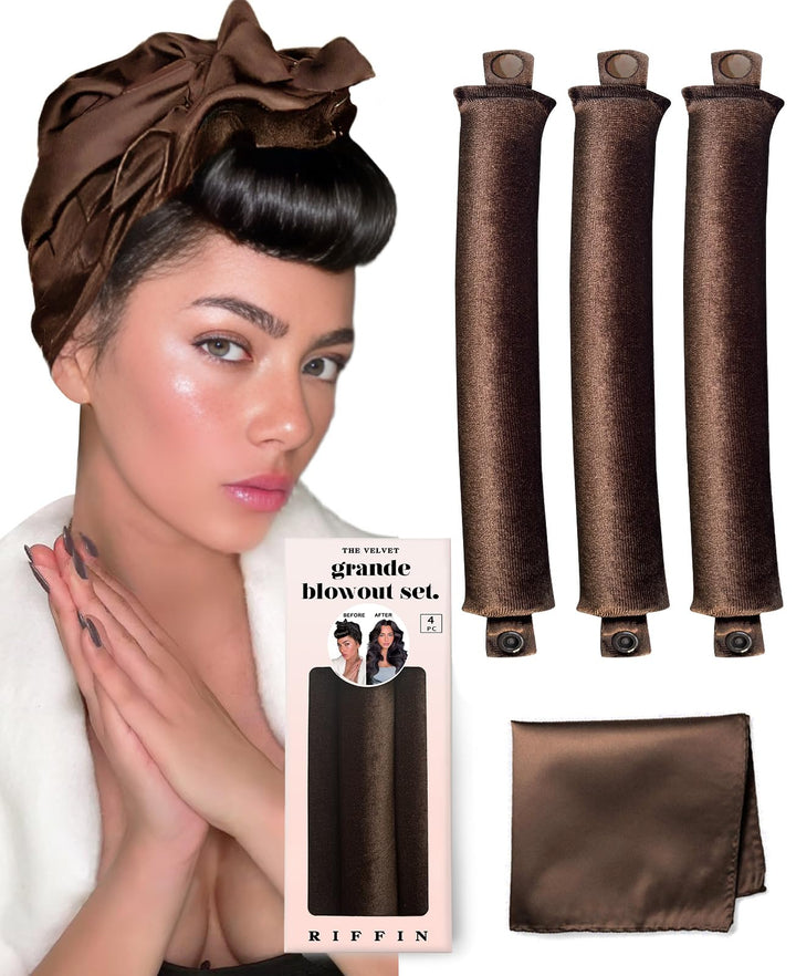 RIFFIN front packaging showing jumbo velvet heatless rod set and benefits