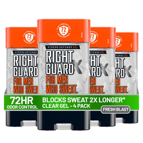 Right Guard front packaging showing Fresh Blast scent and 4-pack convenience