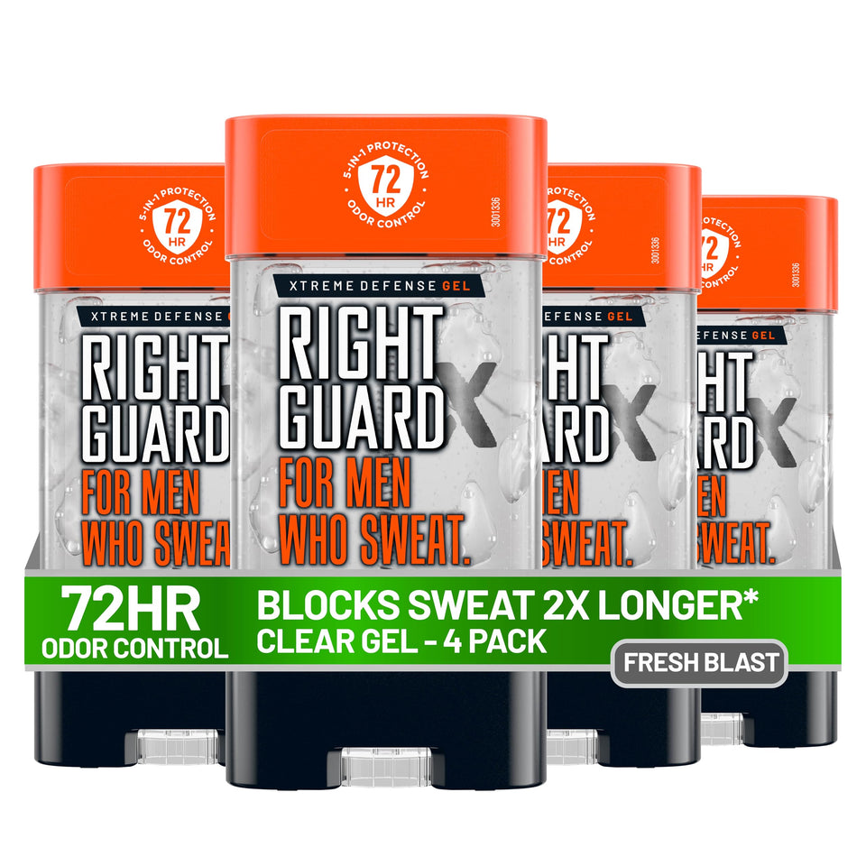 Right Guard front packaging showing Fresh Blast scent and 4-pack convenience