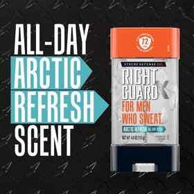 Right Guard label close-up highlighting ingredients and refreshing Arctic scent benefits