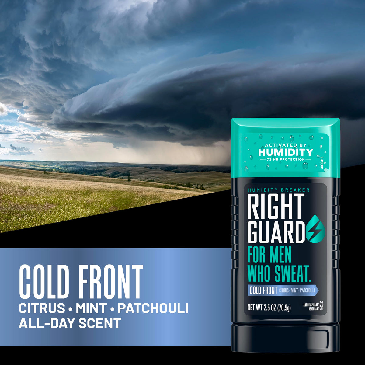 Right Guard used by active man outdoors offering humidity-activated freshness benefit