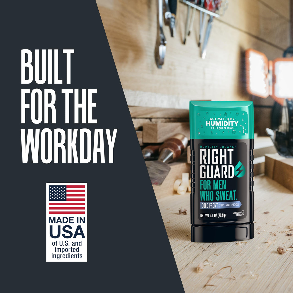 Right Guard 2.5oz stick next to hand showing compact size for travel convenience