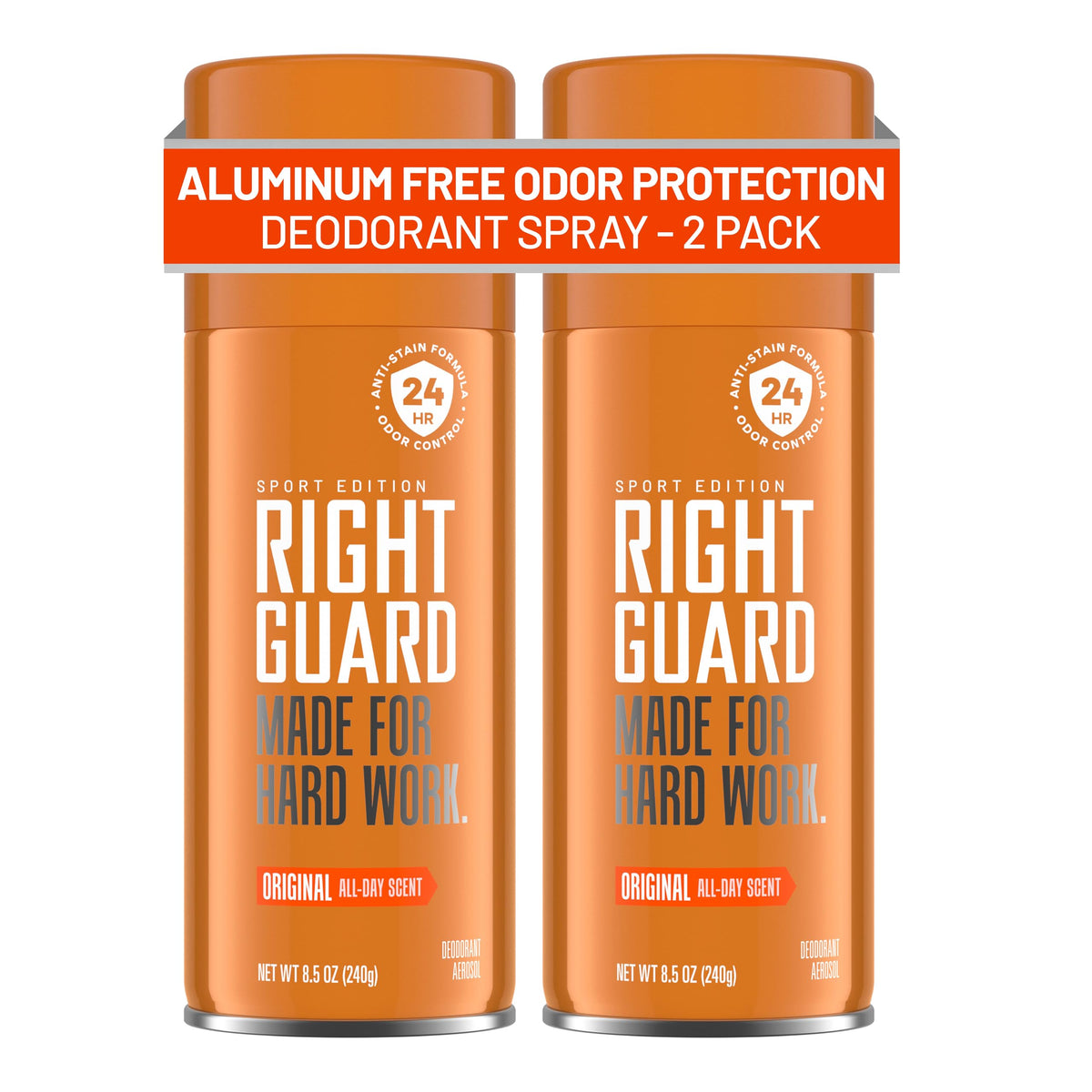Right Guard Sport front packaging showing two 8.5 oz cans and clear label benefits