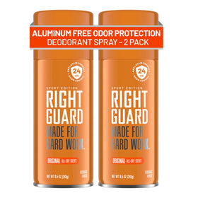 Right Guard Sport front packaging showing two 8.5 oz cans and clear label benefits