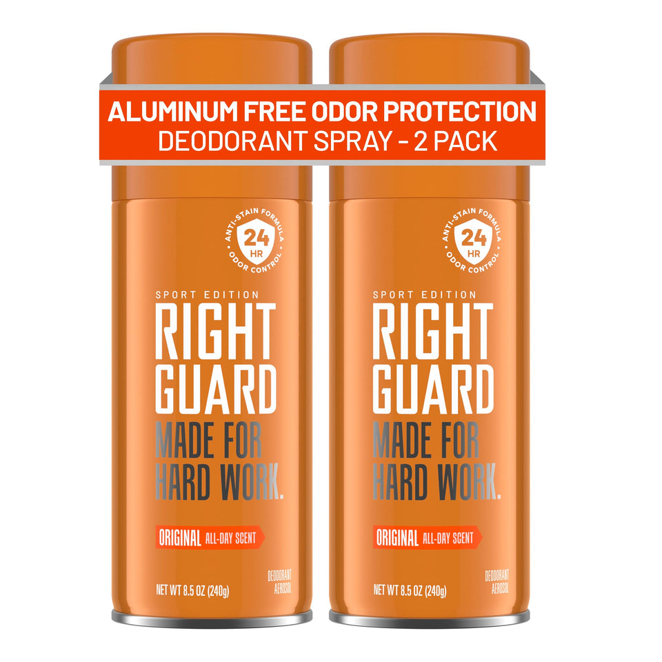 Right Guard Sport front packaging showing two 8.5 oz cans and clear label benefits