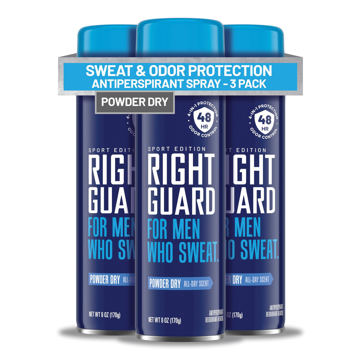 Right Guard front packaging showing sport powder dry scent and 4-in-1 benefits
