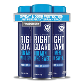 Right Guard front packaging showing sport powder dry scent and 4-in-1 benefits