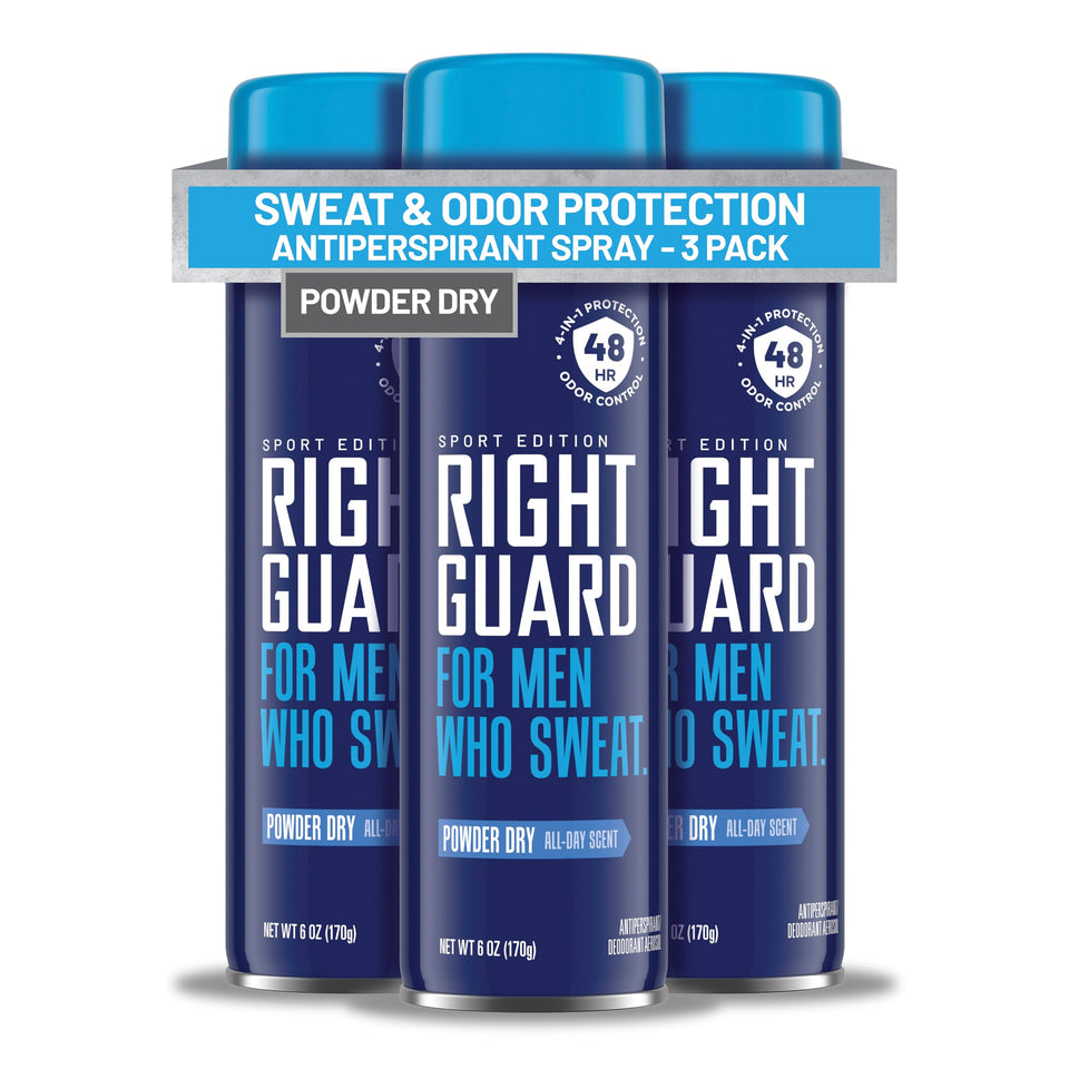Right Guard front packaging showing sport powder dry scent and 4-in-1 benefits