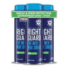 Right Guard front packaging showing 6oz can and sporty scent, promising reliable protection