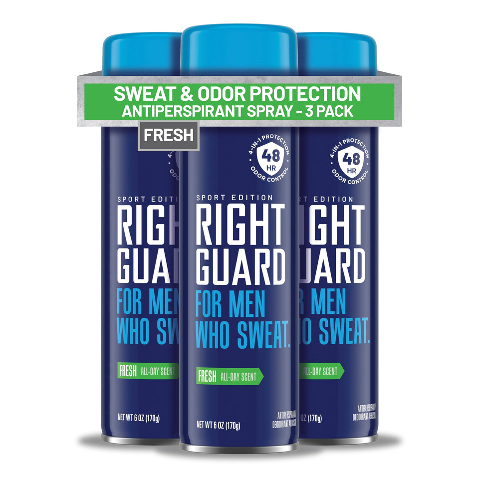 Right Guard front packaging showing 6oz can and sporty scent, promising reliable protection