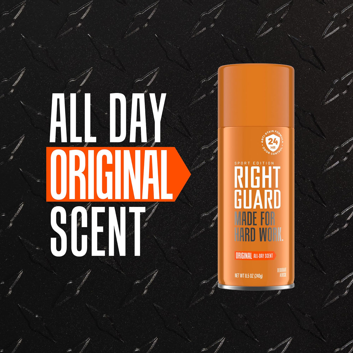 Right Guard Sport held in hand for scale illustrating portable 8.5 oz travel-friendly size