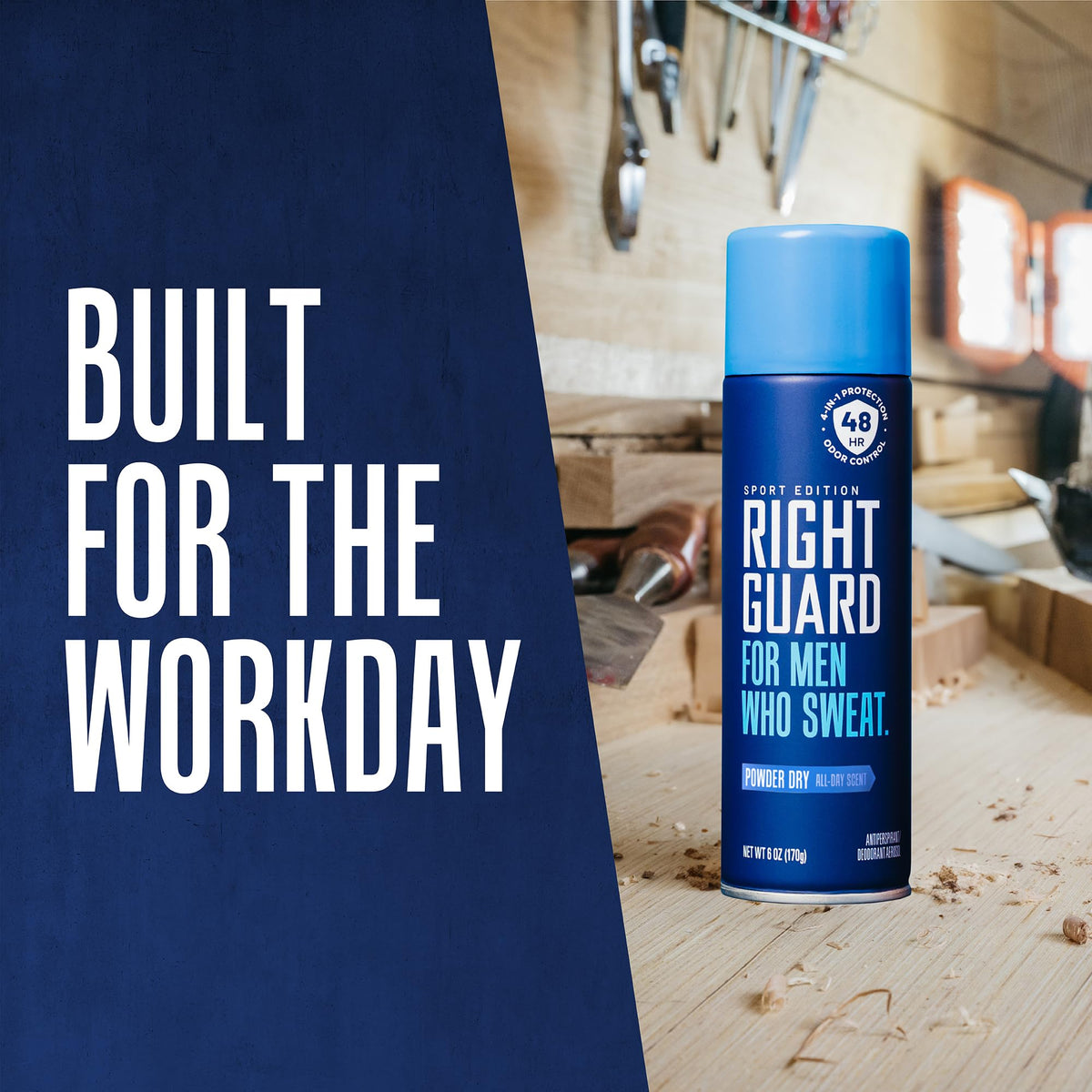 Right Guard can in hand for scale showing compact 6oz travel-ready convenience