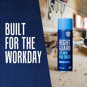 Right Guard can in hand for scale showing compact 6oz travel-ready convenience