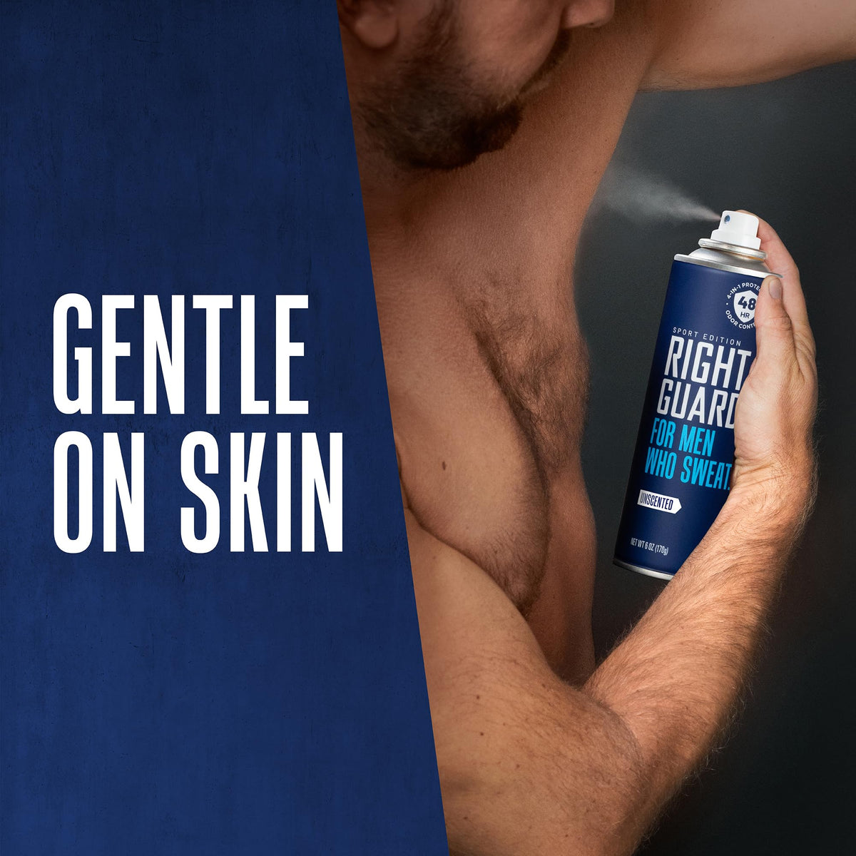 Right Guard Sport spraying onto hand to show dry, no-residue finish and speed