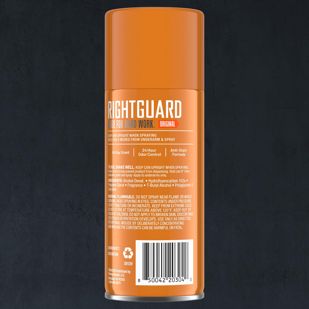 Right Guard Sport being sprayed on underarm demonstrating quick-dry, anti-stain benefit