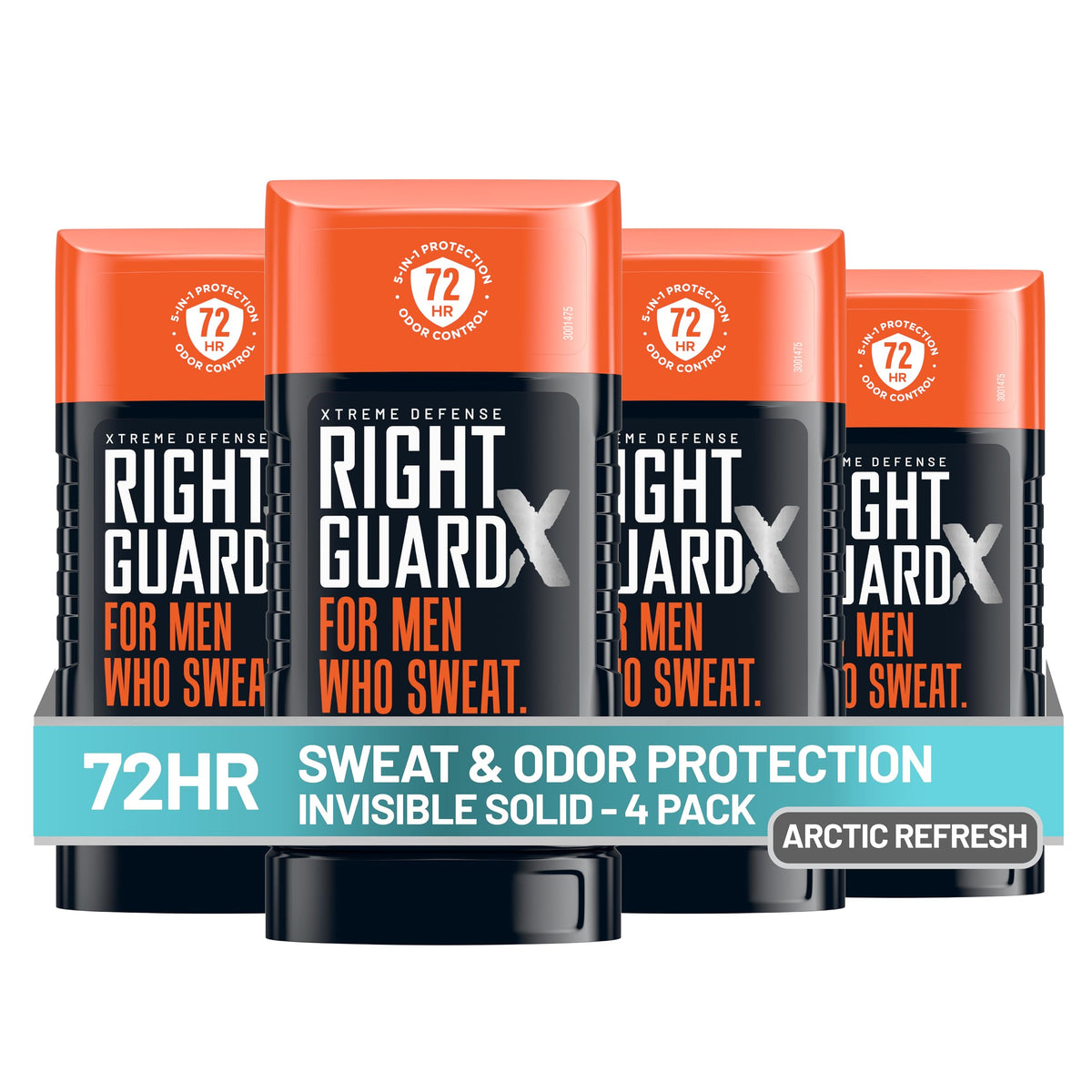 Right Guard front packaging showing 4-pack and benefits for all-day protection