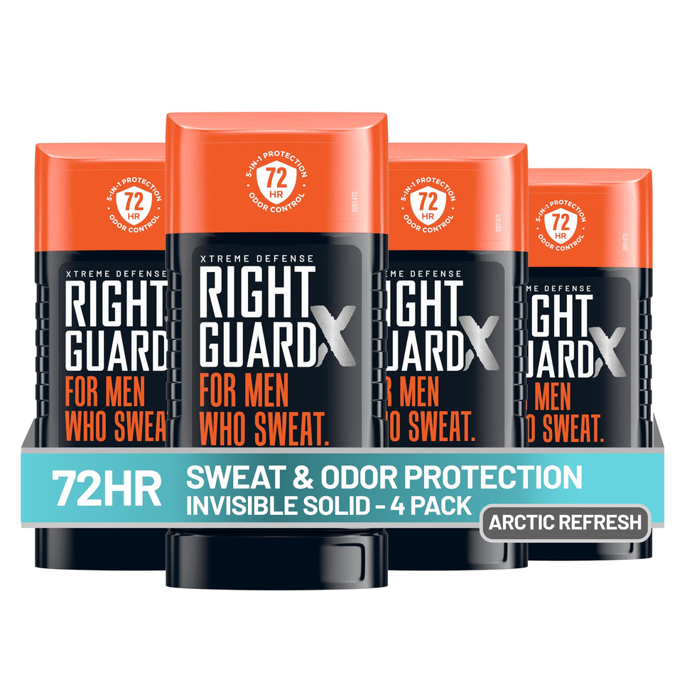 Right Guard front packaging showing 4-pack and benefits for all-day protection