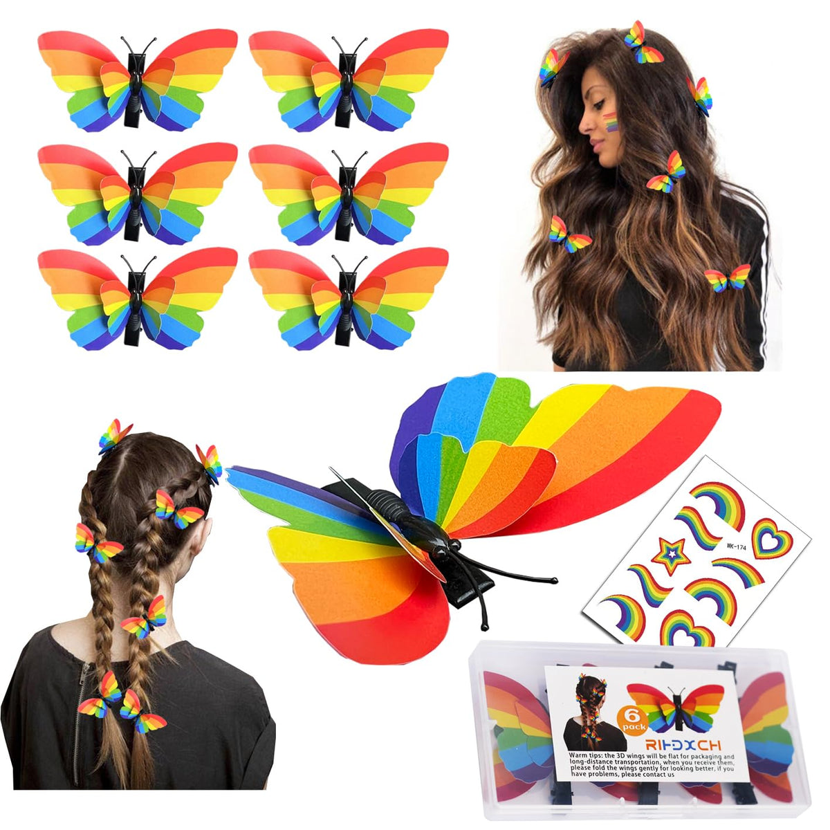 RIHDXCH front packaging showing six rainbow butterfly clips, vibrant and ready