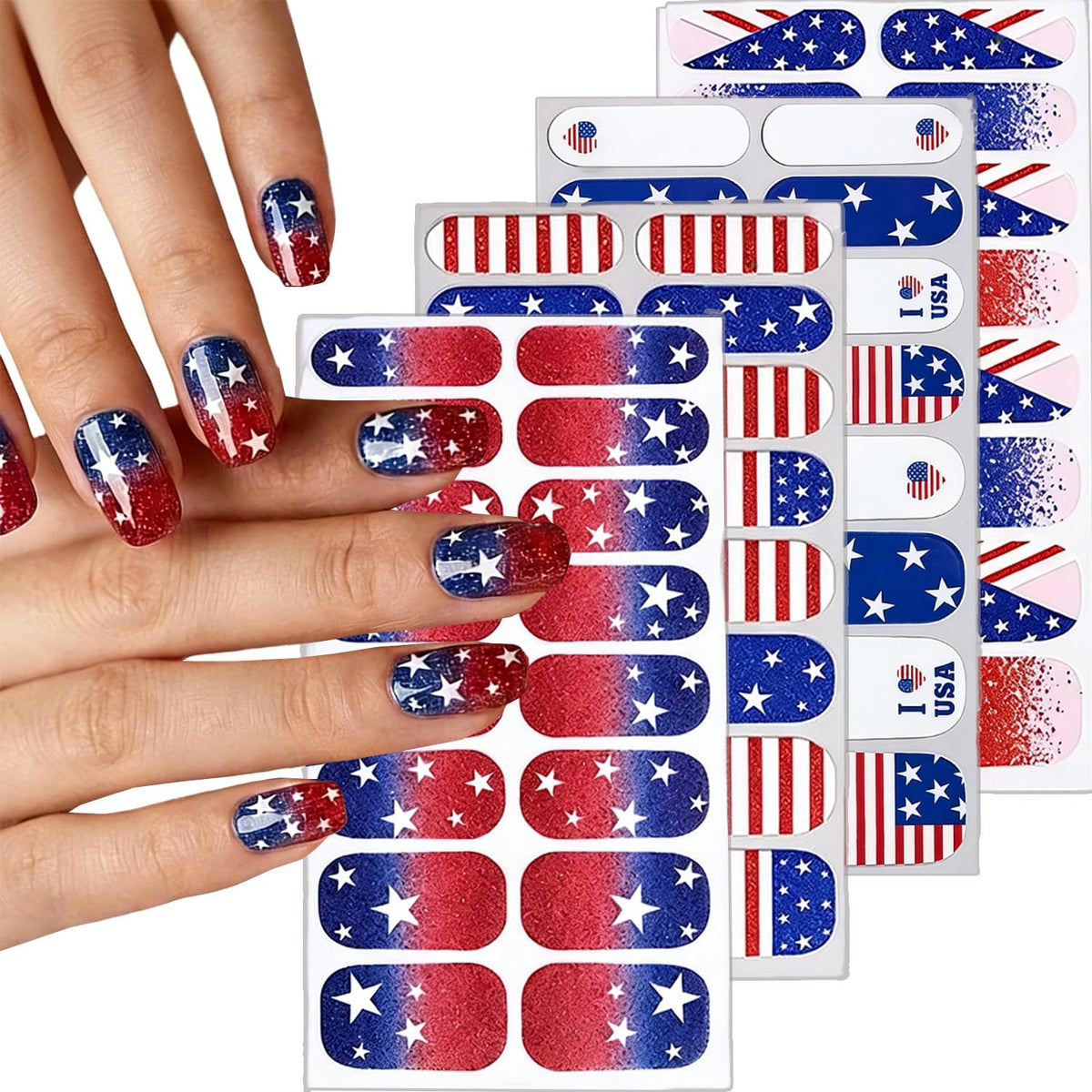 RIICFDD front packaging showing four patriotic sticker sheets and quick application benefit