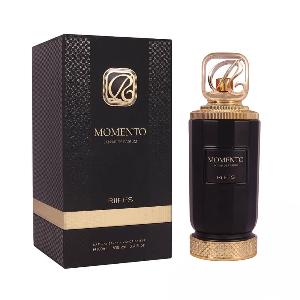 Riiffs Momento bottle front view showing elegant design and long‑lasting luxury