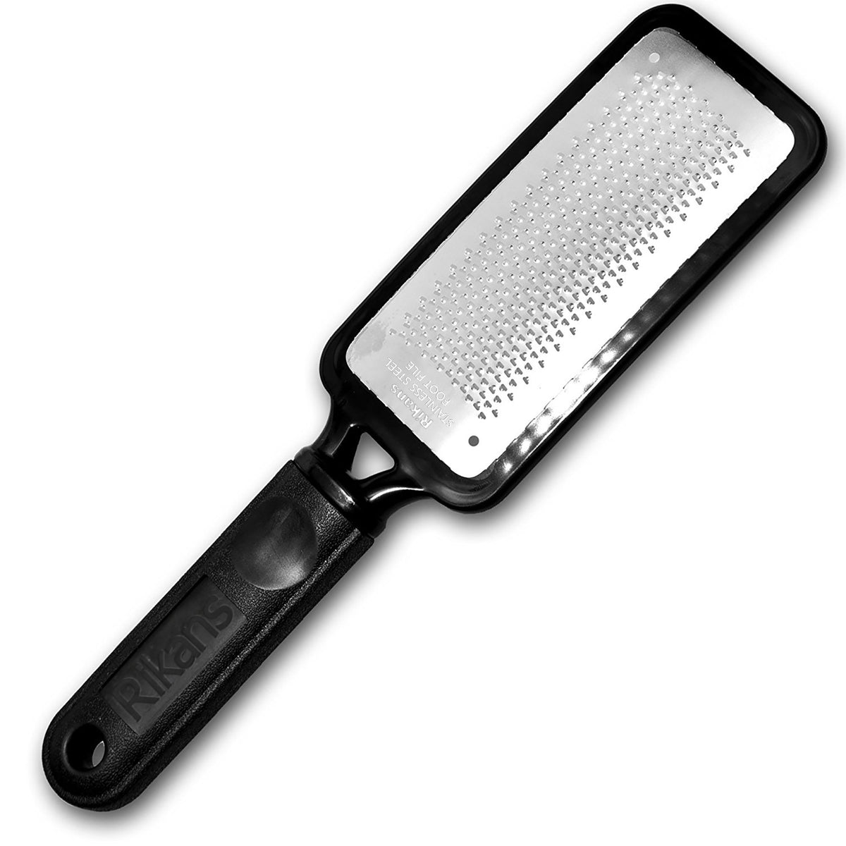 Rikans foot rasp front view showing large stainless steel surface and ergonomic frame