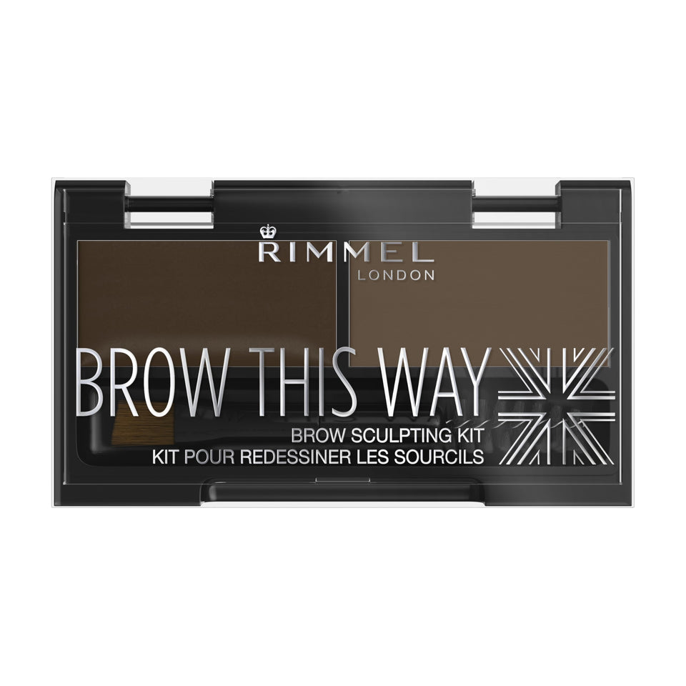 Rimmel Brow This Way front packaging showing compact kit and shade benefits