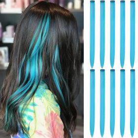 RINBOOOL front view of teal clip-in extensions showing vibrant color and full set benefit