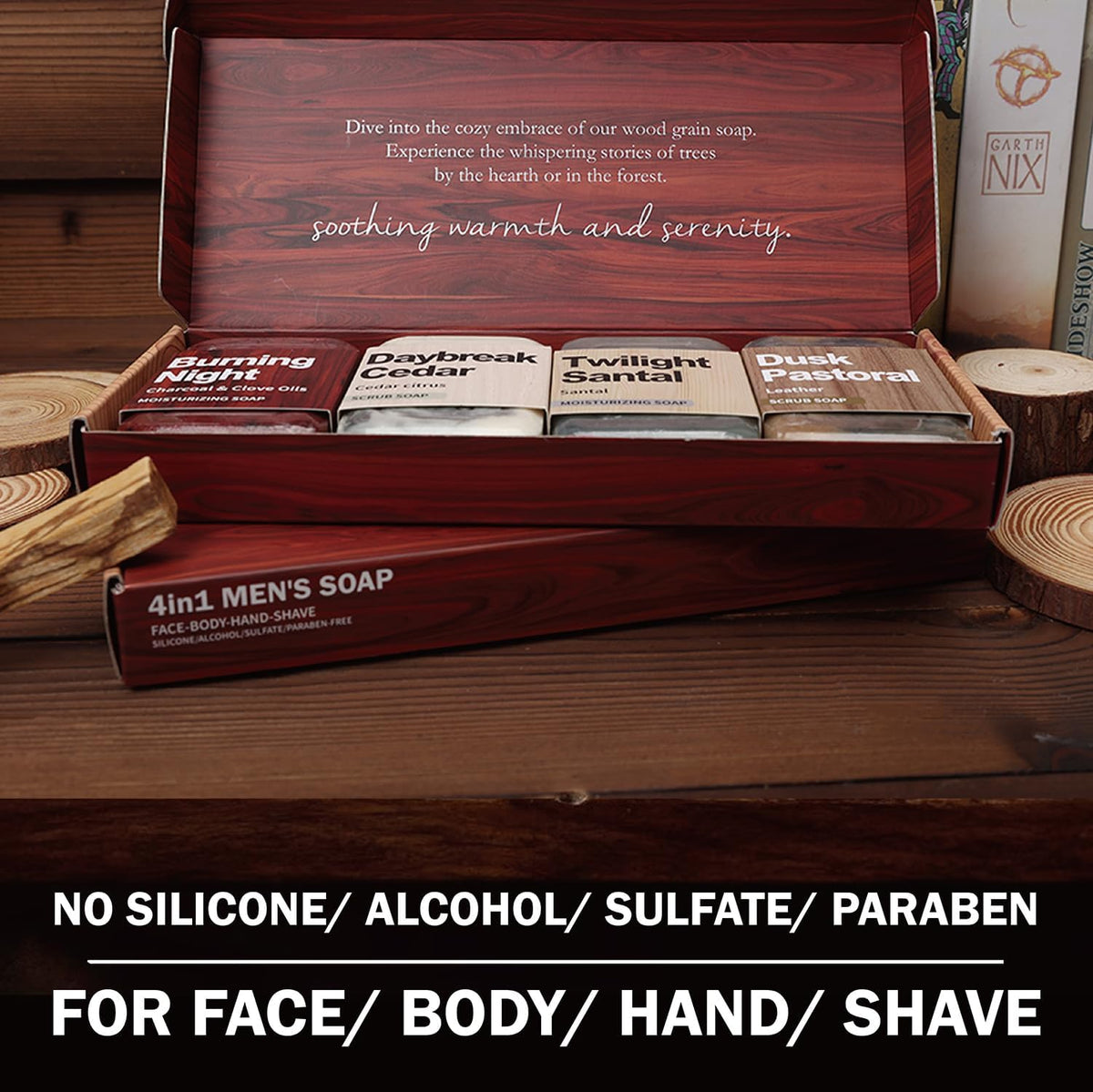 Rinse & Robust bar next to razor on shave setup, shows pre-shave use and convenience