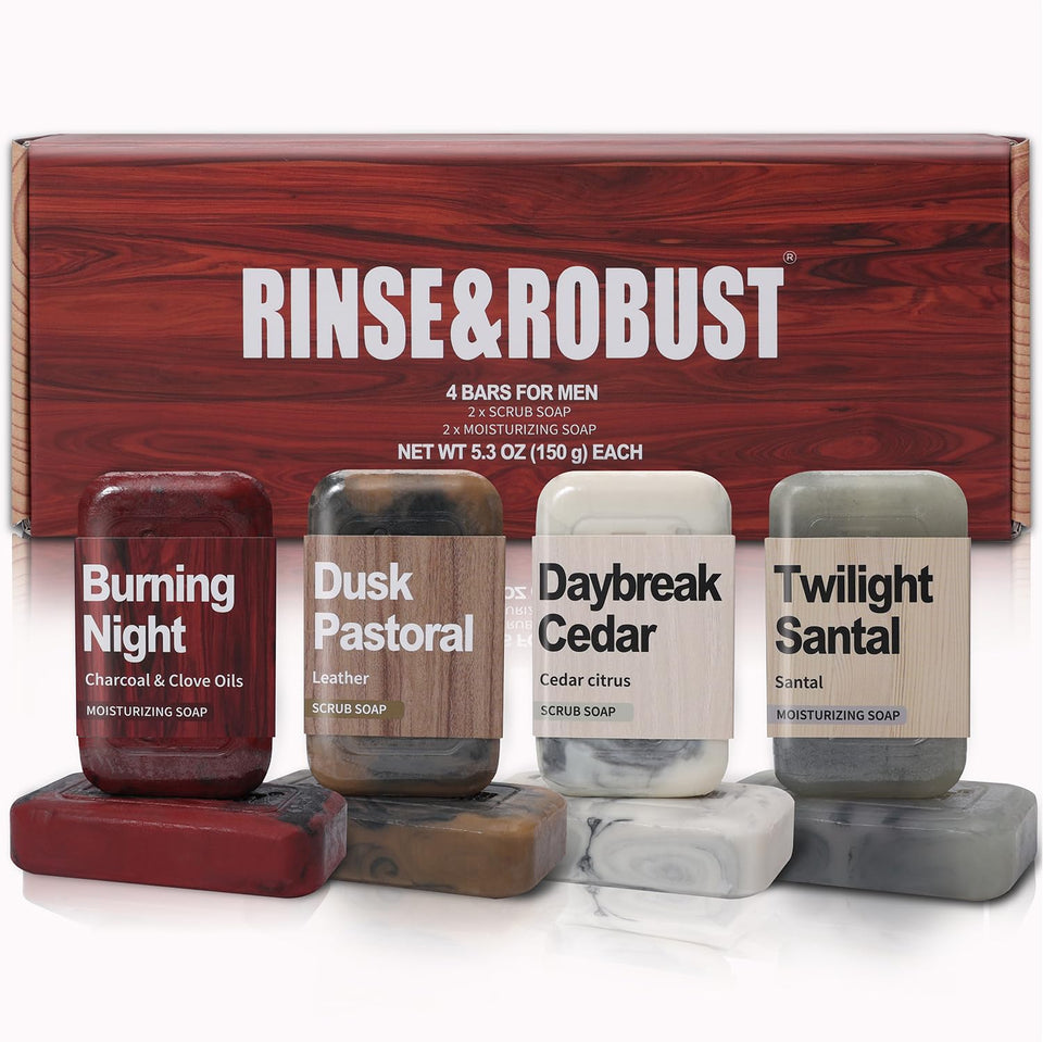 Rinse & Robust front packaging showing luxury gift box and four bars, elevates gift appeal