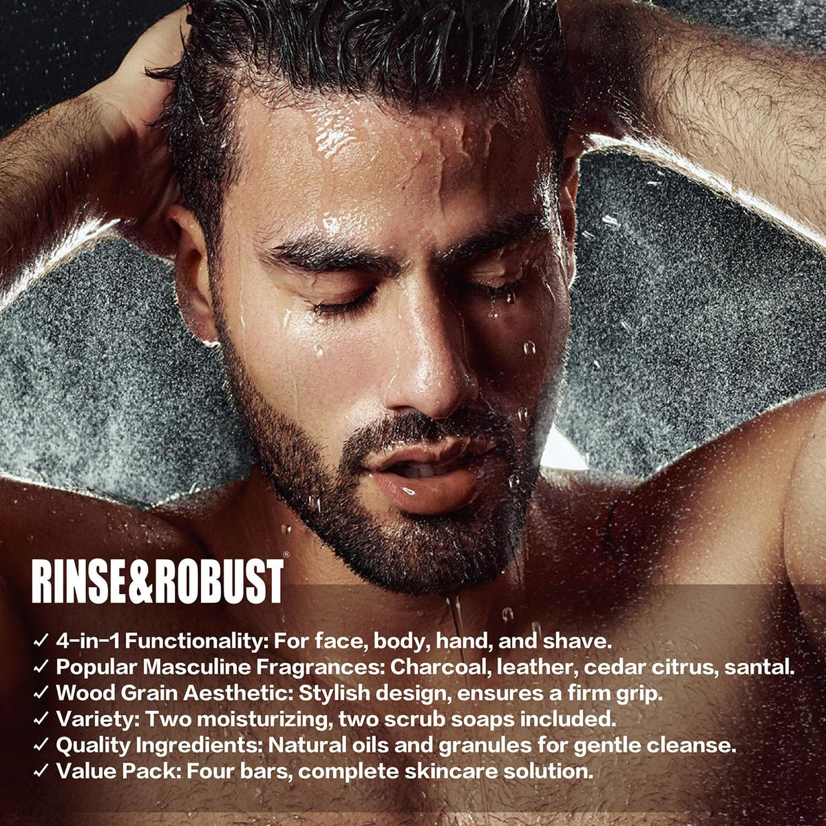Rinse & Robust label ingredients closeup listing natural oils and extracts, emphasizes clean formula