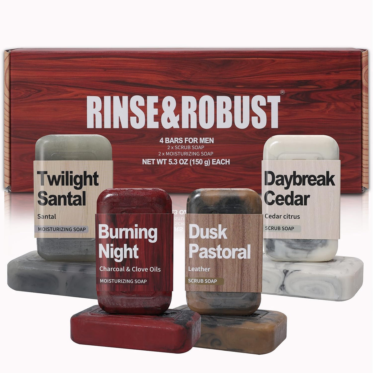 Rinse & Robust lifestyle bathroom shelf display with bars and box, conveys premium daily use