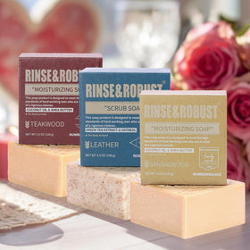 Macro texture of Rinse & Robust Sandalwood bar revealing smooth surface and moisturizing oils