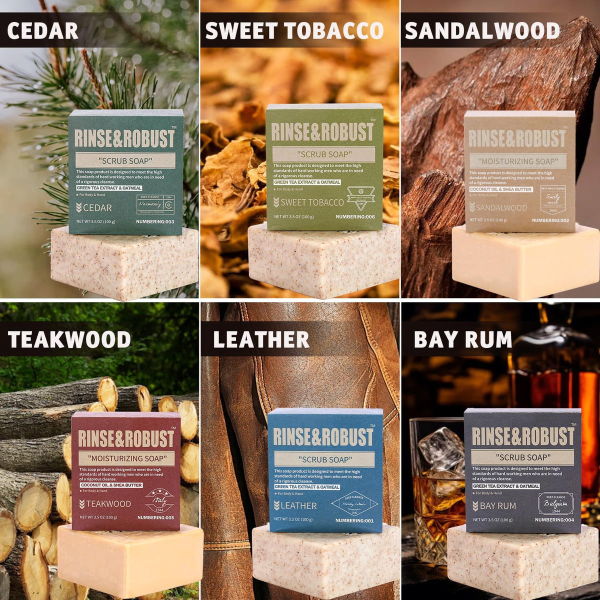 Rinse & Robust scent labels view highlighting six masculine fragrances for selection