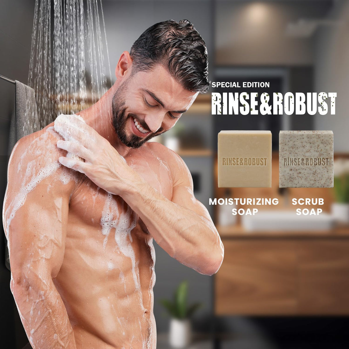 Rinse & Robust bar next to a coin to show 3.5 oz scale and convenient travel-friendly size
