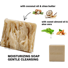 Rinse & Robust three bars arranged to display Leather Sandalwood Teakwood scents for variety